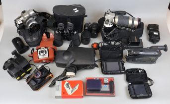 Collection of camera equipment, Tom Tom's, Binoculars etc