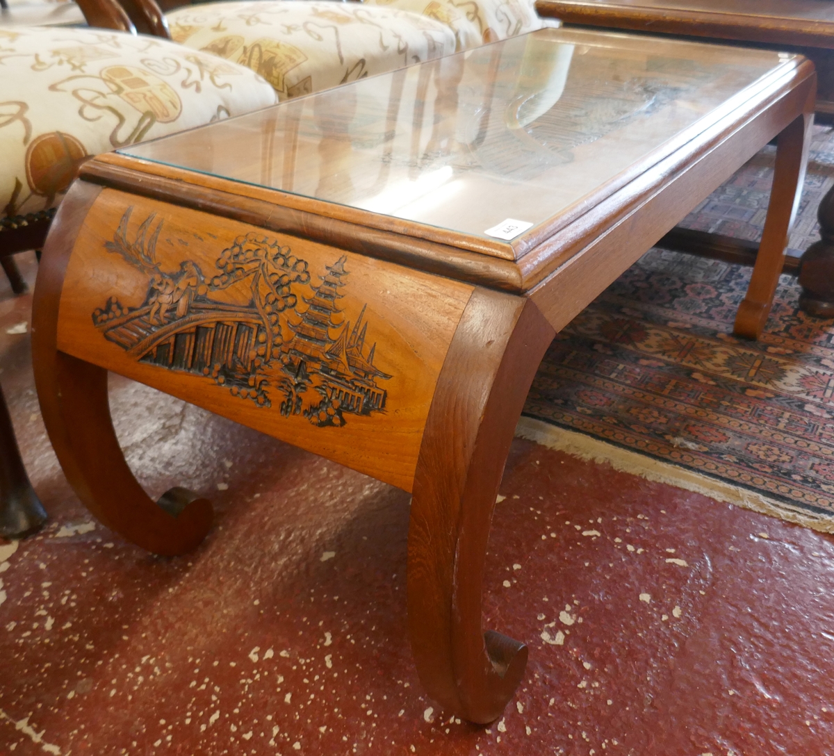 Glass topped Oriental coffee table - Approx size: W: 109cm D: 45cm H: 46cm - Image 3 of 3