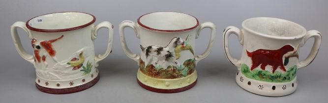 3 Staffordshire two handled mugs with frogs inside