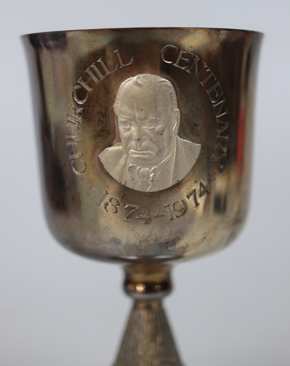 Aurum boxed hallmarked silver and gold plated Churchill Centenary Goblet - Approx 14cm tall - Image 5 of 6