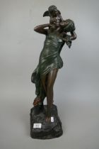 1930's Art Nouveau bronze maiden with winged cherub - Approx height: 61cm