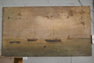 Antique oil on canvas of boats - Approx image size: 81cm x 46cm