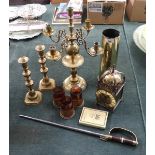 Collection of brass to include clock, candlestick etc