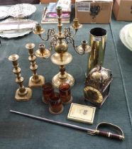 Collection of brass to include clock, candlestick etc