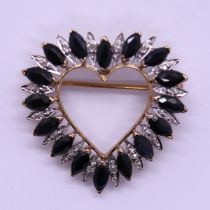 9ct gold sapphire & diamond set heart shaped brooch