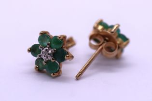 Pair of 9ct gold emerald & diamond cluster earrings