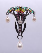 Silver enamel ruby & pearl set pendent