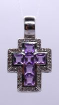 White 9ct gold amethyst & diamond set cross