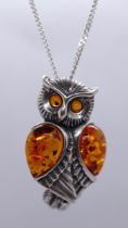 Silver & amber owl pendent on chain