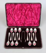 Hallmarked silver spoon and sugar tong cased set (one spoon missing) - Approx weight 170g