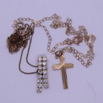9ct gold stone set necklace & chain together with 9ct gold crucifix & chain