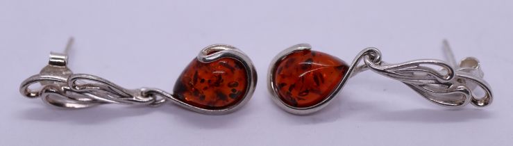 Pair of silver & amber earrings