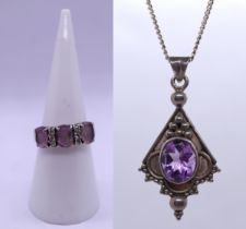Hallmarked silver necklace with amethyst pendant together with a hallmarked silver & amethyst ring