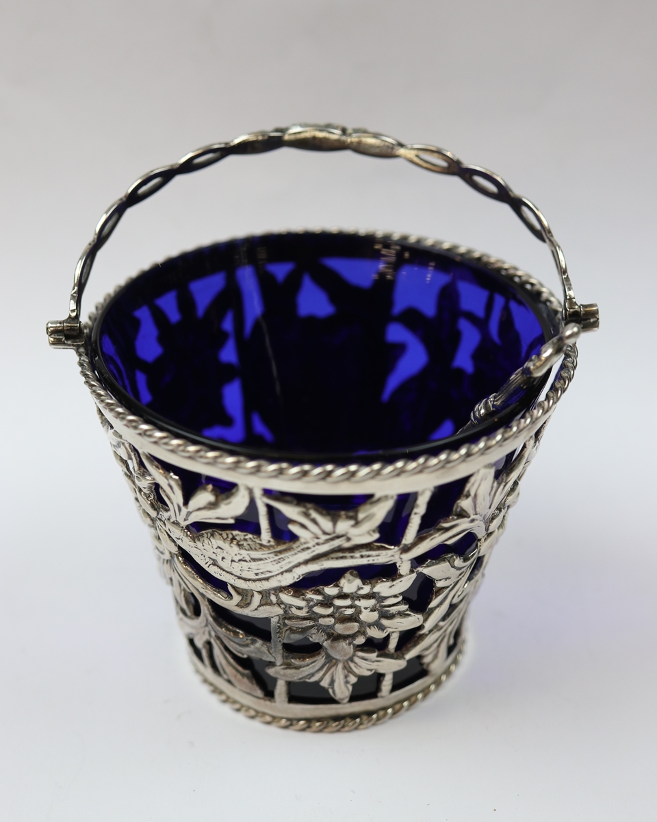 Hallmarked silver pierced sugar bowl with blue glass liner together with spoon - Approx weight 87g