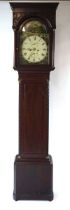 A George III mahogany longcase clock, the hood with dentil moulding and blind fretwork decoration,