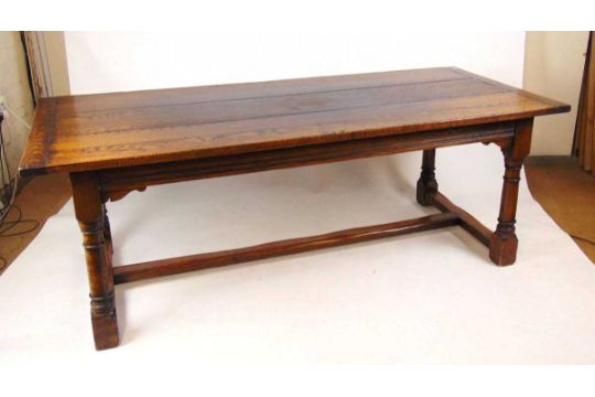 A Titchmarsh & Goodwin oak refectory table, the plank top with cleated ends, on turned legs united - Image 7 of 7