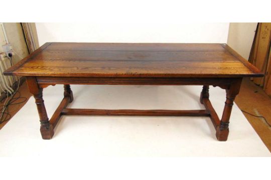 A Titchmarsh & Goodwin oak refectory table, the plank top with cleated ends, on turned legs united - Image 3 of 7