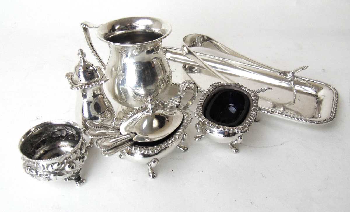 A matched silver cruet set with spoons, Albert Ernest Jones, Birmingham 1966 & 1972; a pair of - Image 2 of 2