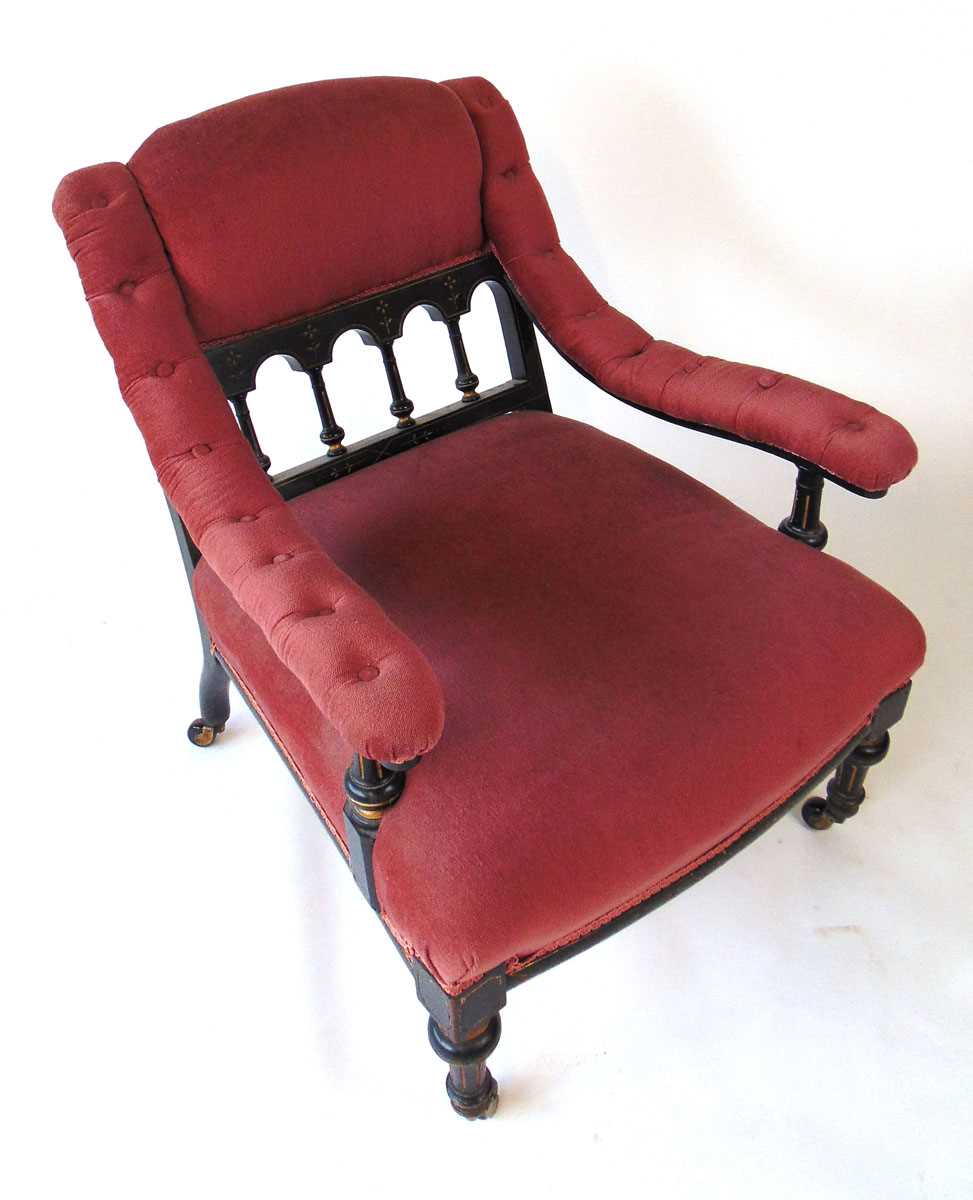 An Aesthetic period armchair, the part gallery back with turned spindles and shallow carved - Image 6 of 6