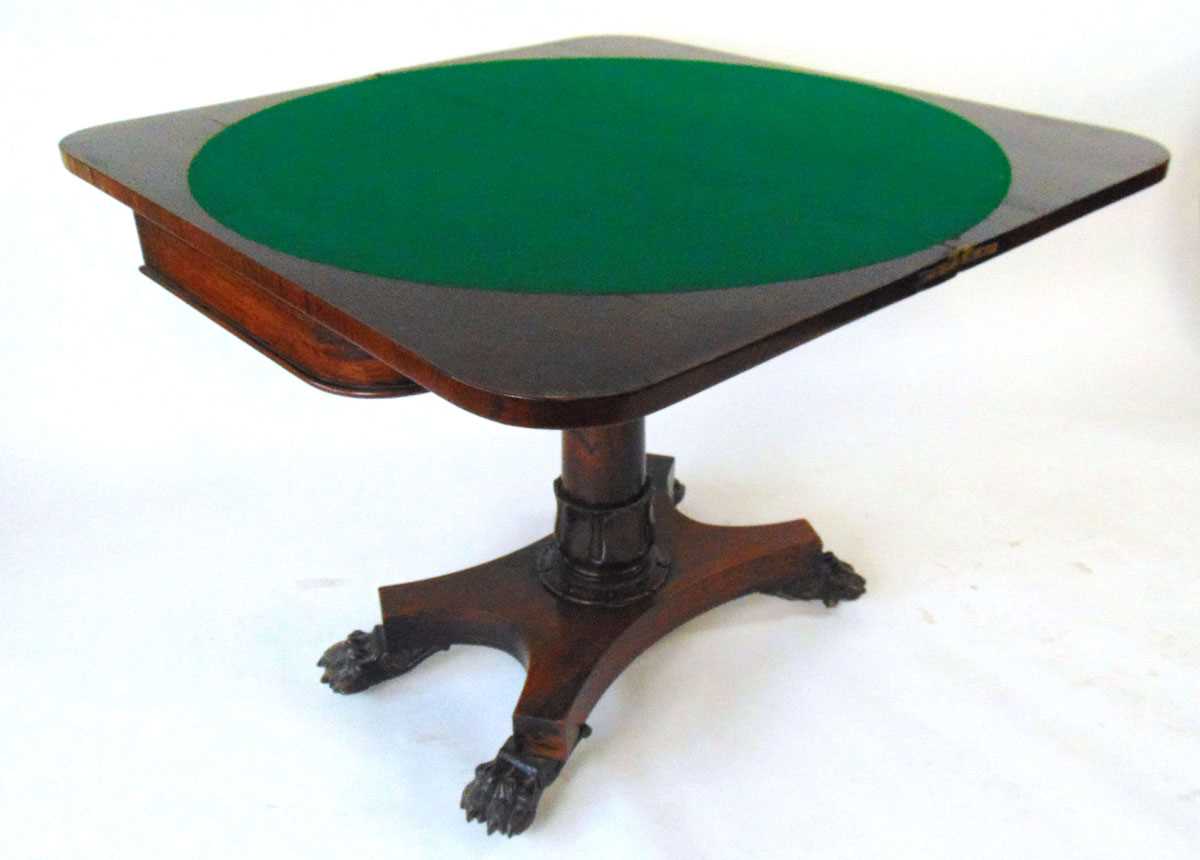 An early 19th century rosewood card table, with turn over top, on a plain column with tongue - Image 4 of 6