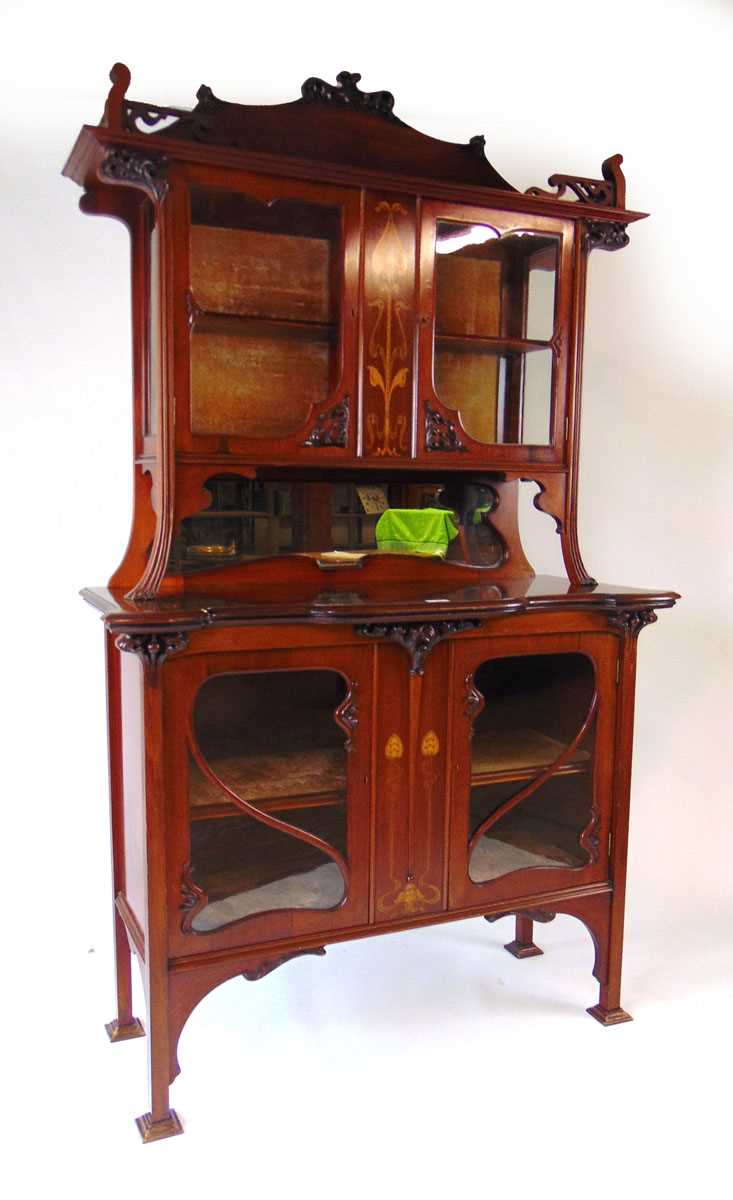 An Art Nouveau mahogany and inlaid display cabinet, the shaped glazed doors flanked by sinuous, - Image 5 of 5