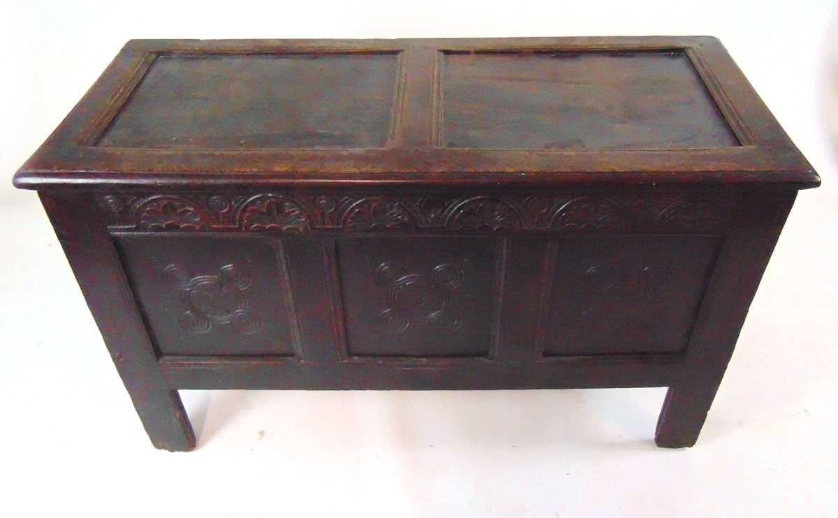 An early 18th century carved oak coffer, with foliate arcaded frieze above three carved panels, on - Image 3 of 5
