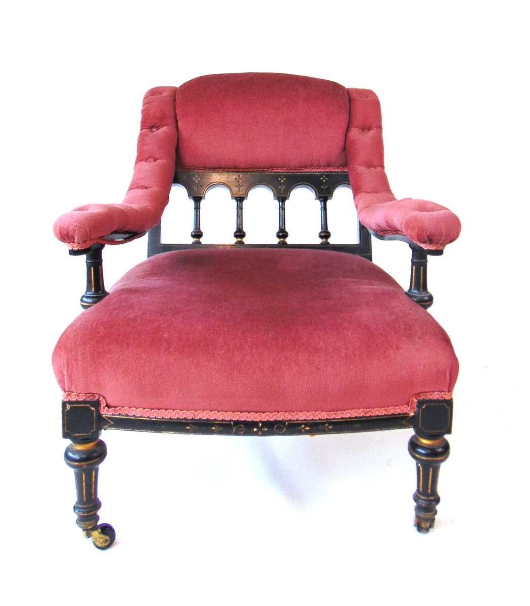 An Aesthetic period armchair, the part gallery back with turned spindles and shallow carved - Image 3 of 6
