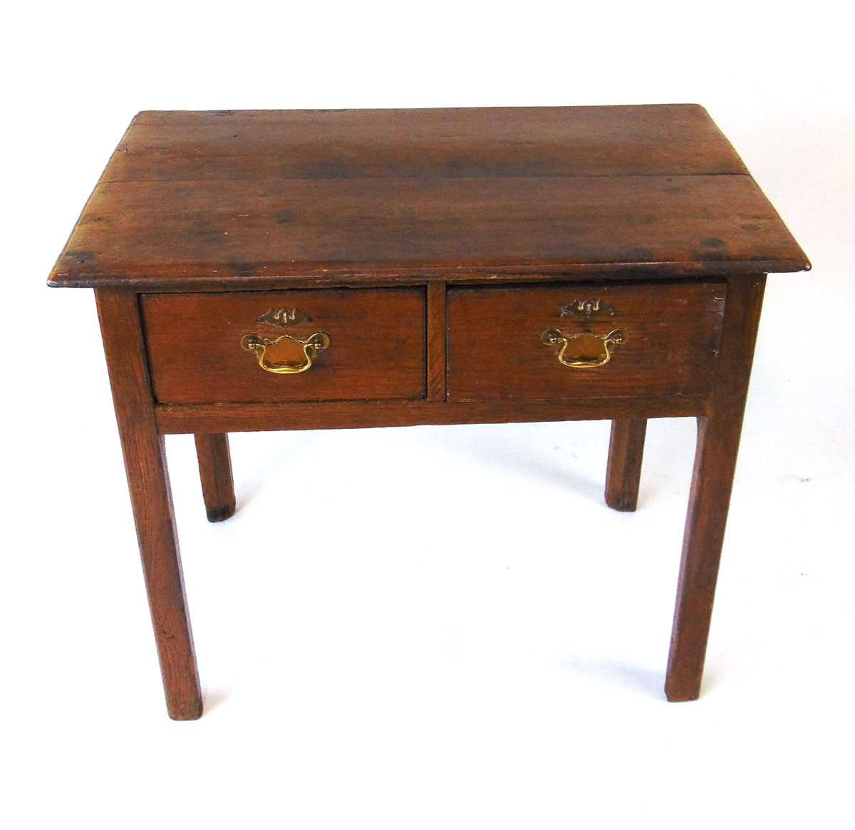 An 18th century oak side table, the two plank top with moulded edge over two drawers, on square - Image 2 of 5