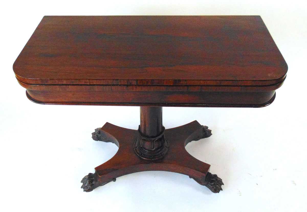 An early 19th century rosewood card table, with turn over top, on a plain column with tongue - Image 2 of 6