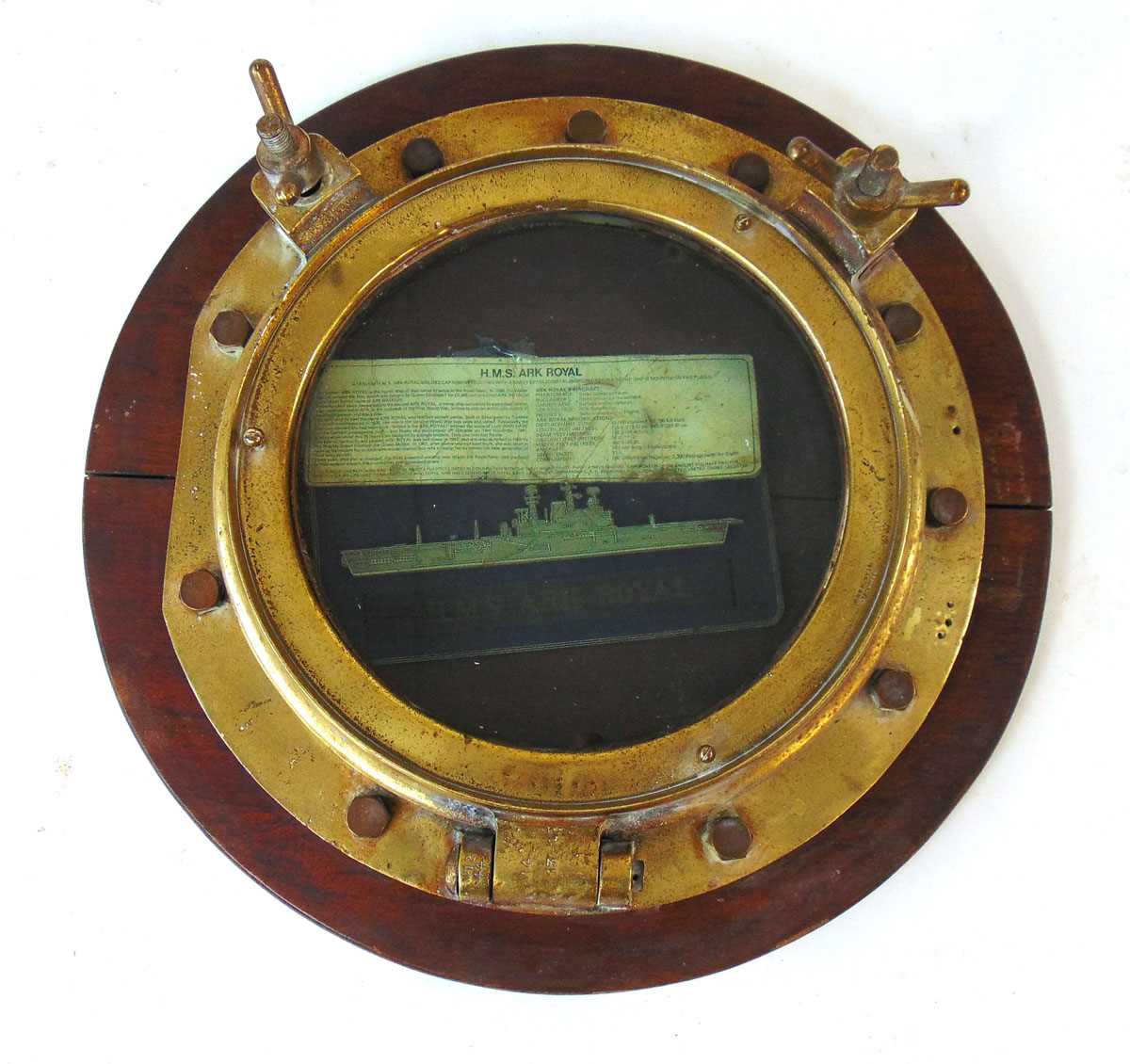 A solid brass Port Hole of HMS Ark Royal (1955-1978), stamped John Roby Ltd, Rainhill, the hinge - Image 2 of 6