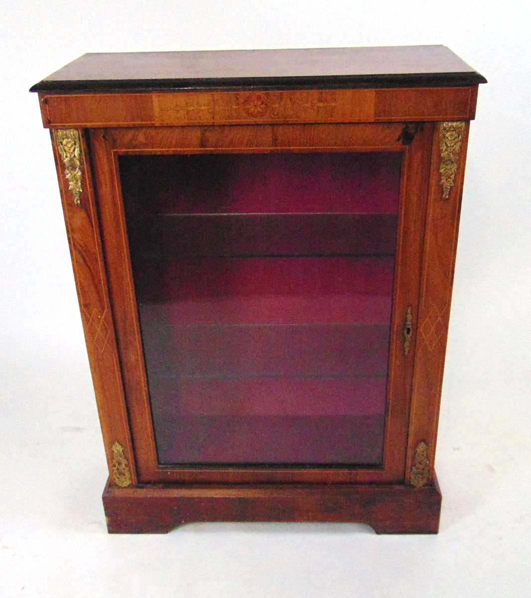 A Victorian walnut veneered vitrine, with bellflower and strung decoration, with applied gilt - Image 3 of 4