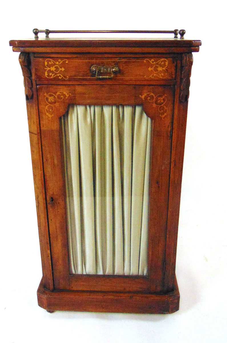 A Victorian inlaid walnut music cabinet, with brass rod gallery, above a single drawer and glazed