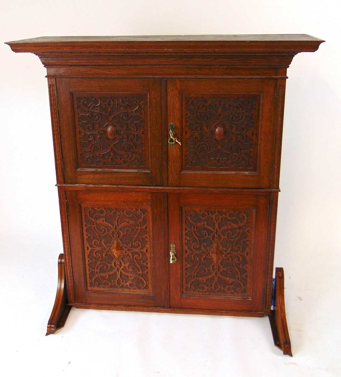 A late Victorian oak wall mounted cupboard, the pediment with carved egg & dart decoration above - Image 2 of 5