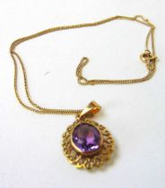 A 9ct gold and amethyst pendant on chain. Approx. weight 3.7g