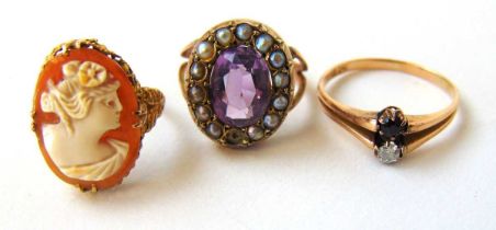 A yellow metal, diamond and garnet ring marked '18ct', together with a yellow metal cameo ring and a