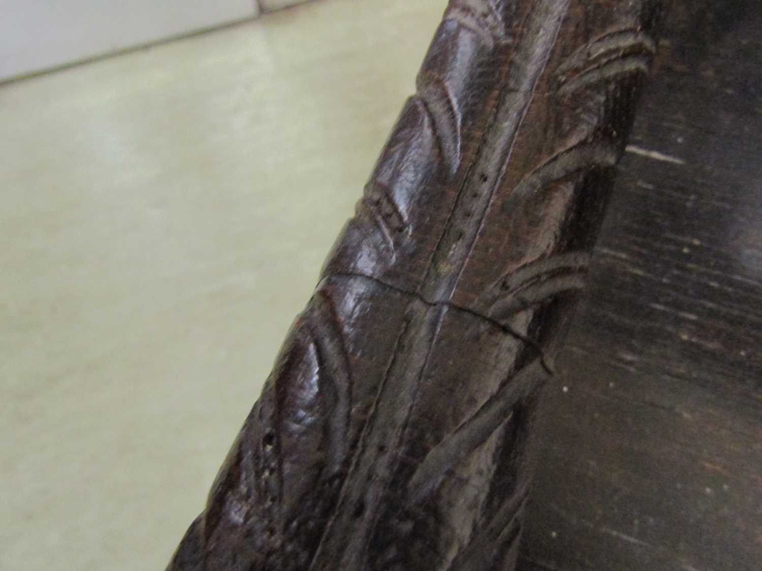A late Victorian carved and ebonised oak purdonium/seat, decorated with carved masks, foliate - Image 7 of 14