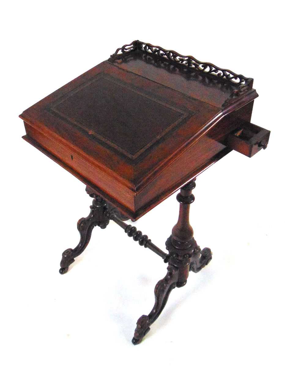 A Victorian rosewood Davenport, with fretwork gallery above a tooled red leather writing surface, - Image 7 of 7