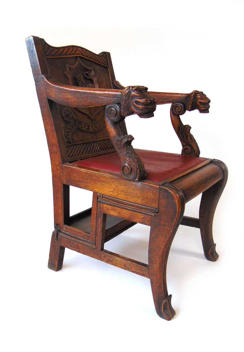 A late 19th century oak metamorphic library chair, converting to four trapezoidal steps, the - Image 3 of 13