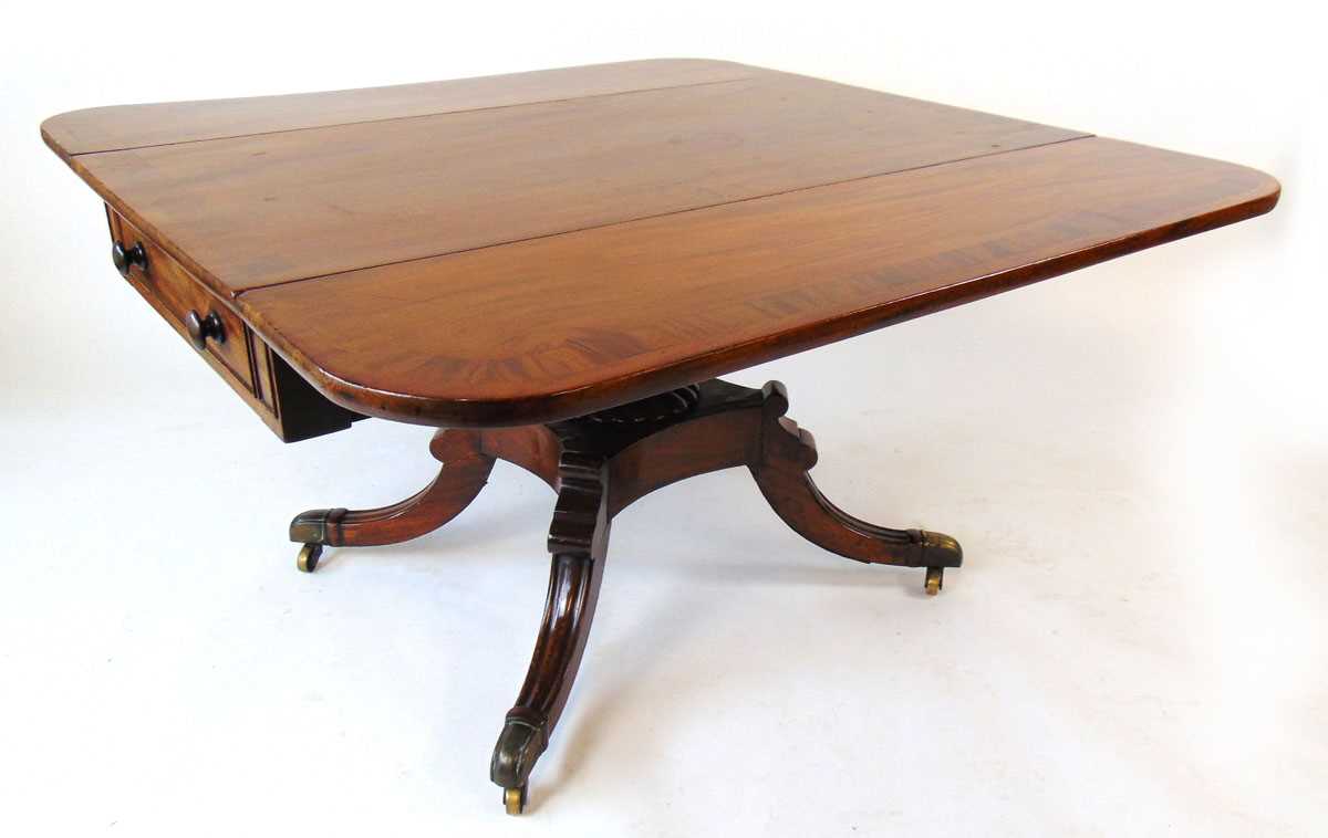 A 19th century mahogany and crossbanded breakfast table, the drop leaves with rounded corners, - Image 3 of 4