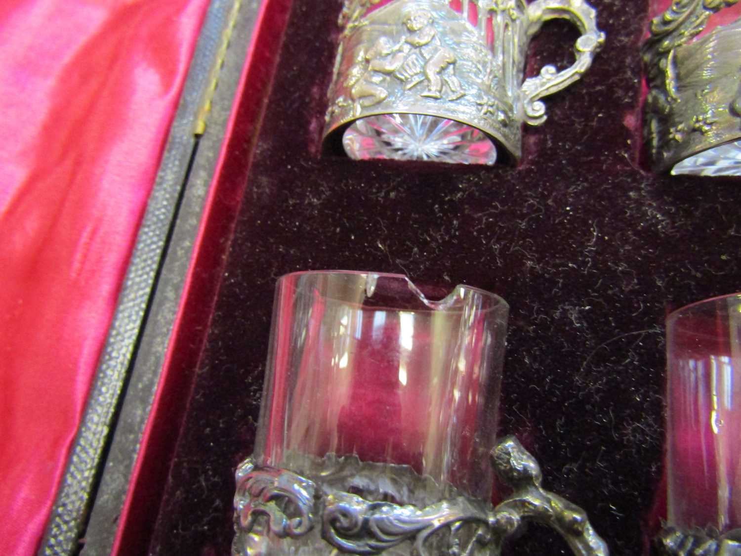 A late Victorian silver mounted liqueur set, the decanter with wythen body, the plain glasses with - Image 5 of 7