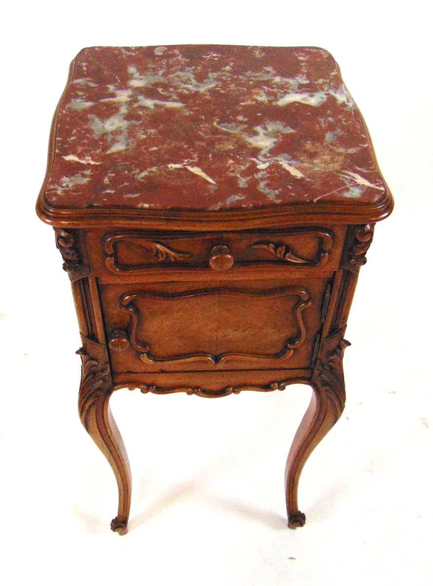 An early 20th century French oak and chestnut pot cupboard, with inset rouge marble top, above a - Image 2 of 8