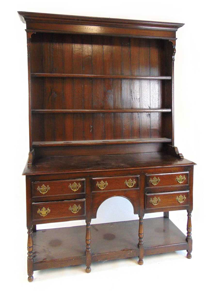 An early 20thn century reproduction oak Welsh dresser, the plate rack with boarded back, above the - Image 3 of 4