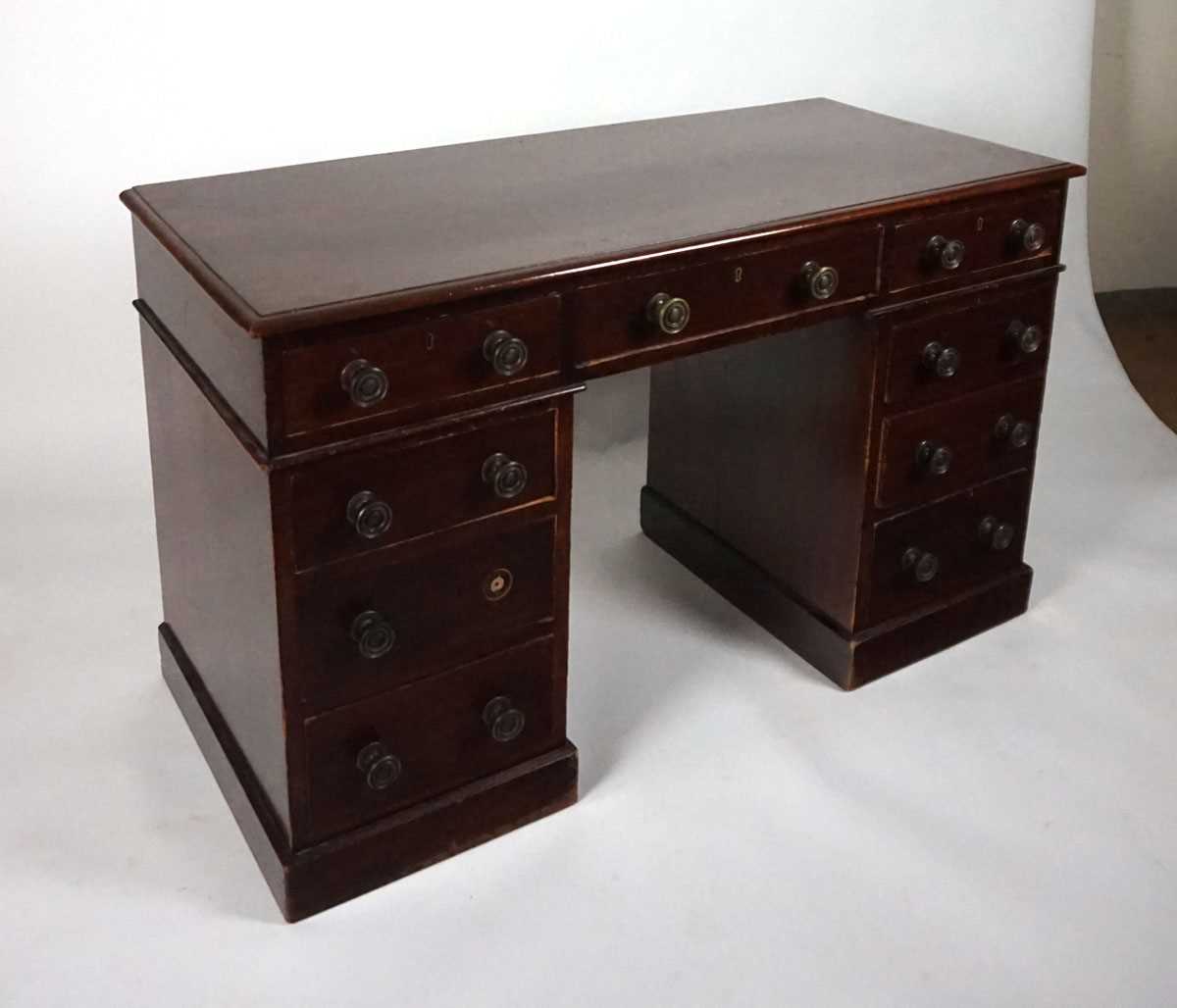 A 19th century mahogany twin pedestal desk, stamped for Heal & Son, London, with three frieze - Image 8 of 9