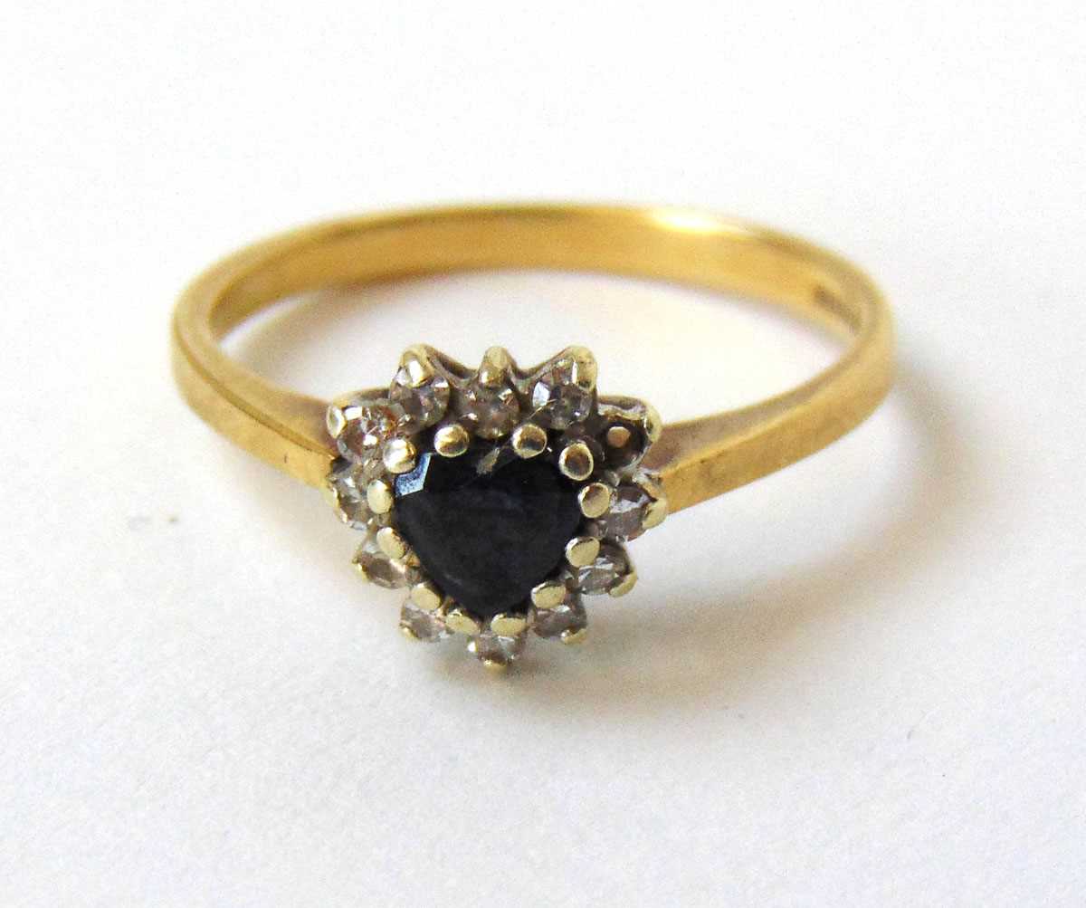 A 9ct gold, heart shaped sapphire and diamond cluster ring. Size N 1/2. Approx. weight 2g. A/F - Image 3 of 3