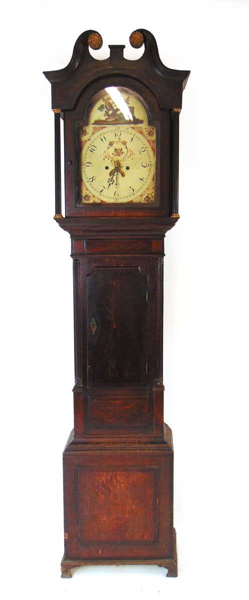 A late 18th century oak and mahogany longcase clock, the painted arch dial with calendar wheel and