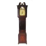 A late 18th century oak and mahogany longcase clock, the painted arch dial with calendar wheel and