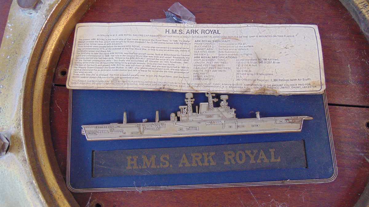 A solid brass Port Hole of HMS Ark Royal (1955-1978), stamped John Roby Ltd, Rainhill, the hinge - Image 6 of 6