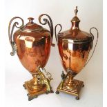 Two 19th century copper and brass samovars, each with scroll handles and on square bases, 48cm &