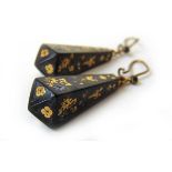 A pair of Victorian yellow metal inlaid pique earrings, l. 3 cm (excluding hooks)