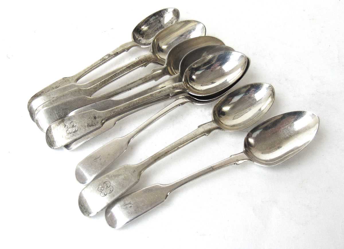 A set of six Victorian silver teaspoons, George Adams, London 1875, with initialled terminals; three